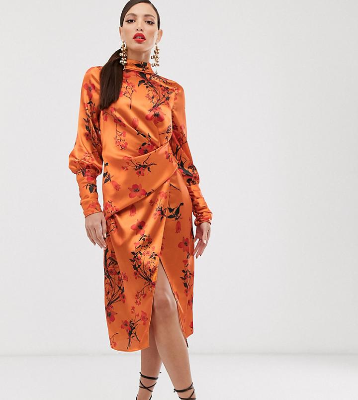 Asos Design Tall Long Sleeve Midi Dress In Satin With Drape Detail In Blossom Floral Print - Multi