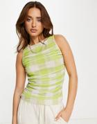 Topshop Sleeveless Plaid Ruched Top In Green