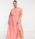 Asos Design Curve Off Shoulder Tie Waist Maxi Beach Dress In Rusty Coral-orange