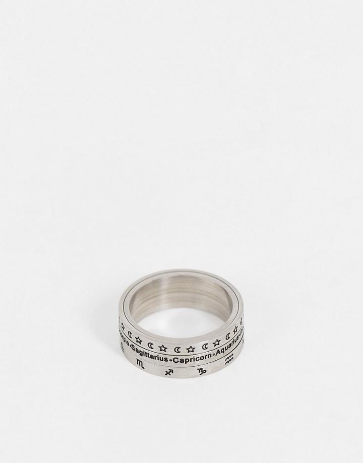 Asos Design Stainless Steel Movement Band Ring With Zodiac Design In Silver Tone
