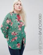 Asos Curve Blouse In Bright Floral With Neck Tie - Green