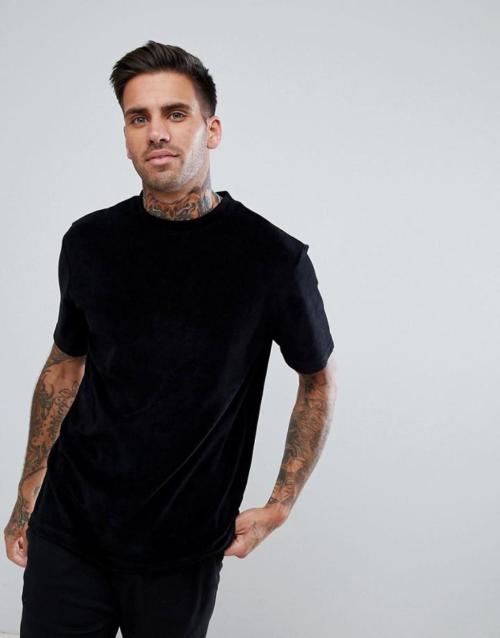 Boohooman Velour T-shirt In Black - Black