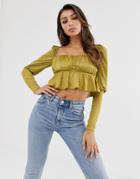 Asos Design Milkmaid Square Neck Top With Volume Sleeve In Olive Green