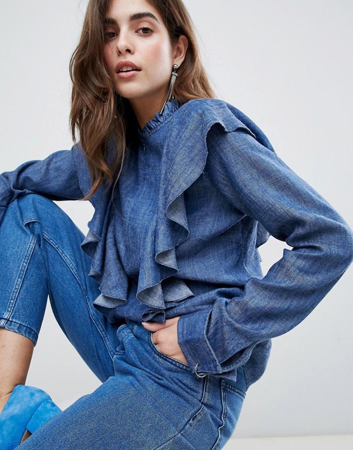 Gestuz Cyndie Denim Frill Front Blouse - Blue