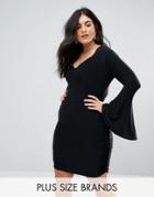 Club L Plus Long Fluted Sleeve Ruched Mini Bodycon Dress - Black