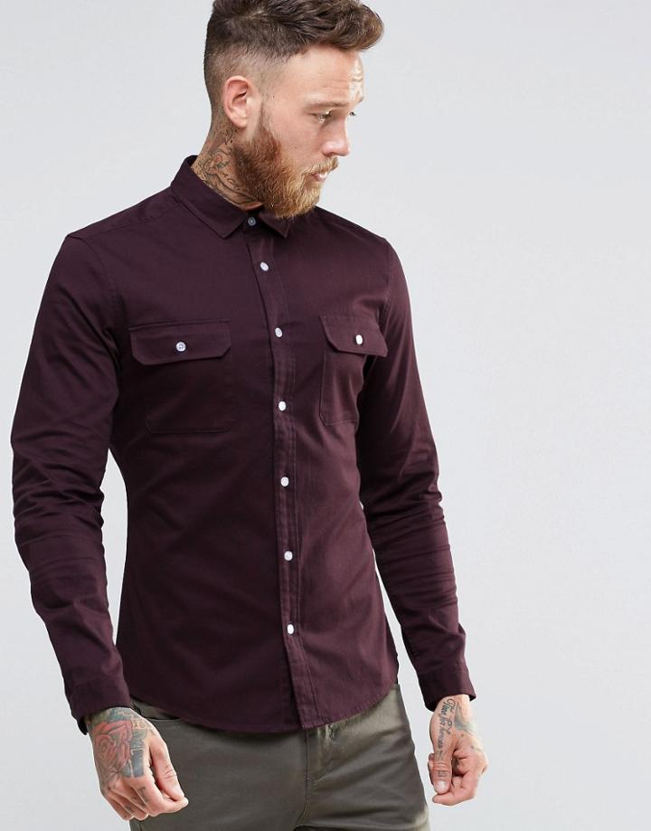 Asos Skinny Military Shirt In Rust Twill With Long Sleeves - Mahogony