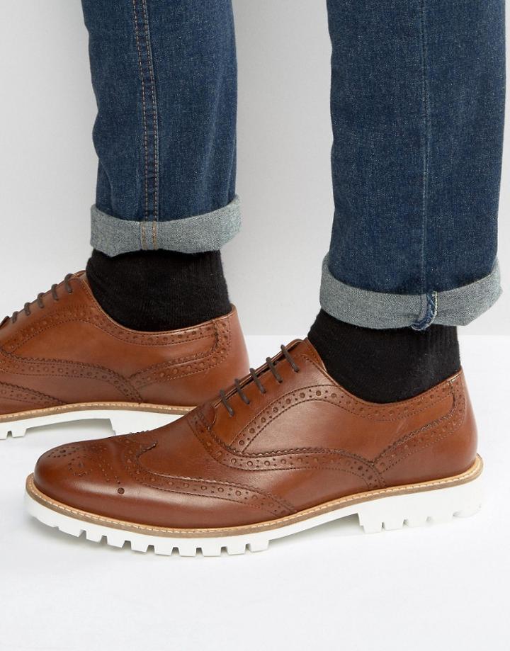 Asos Brogue Shoes In Tan Leather With White Cleated Sole - Tan