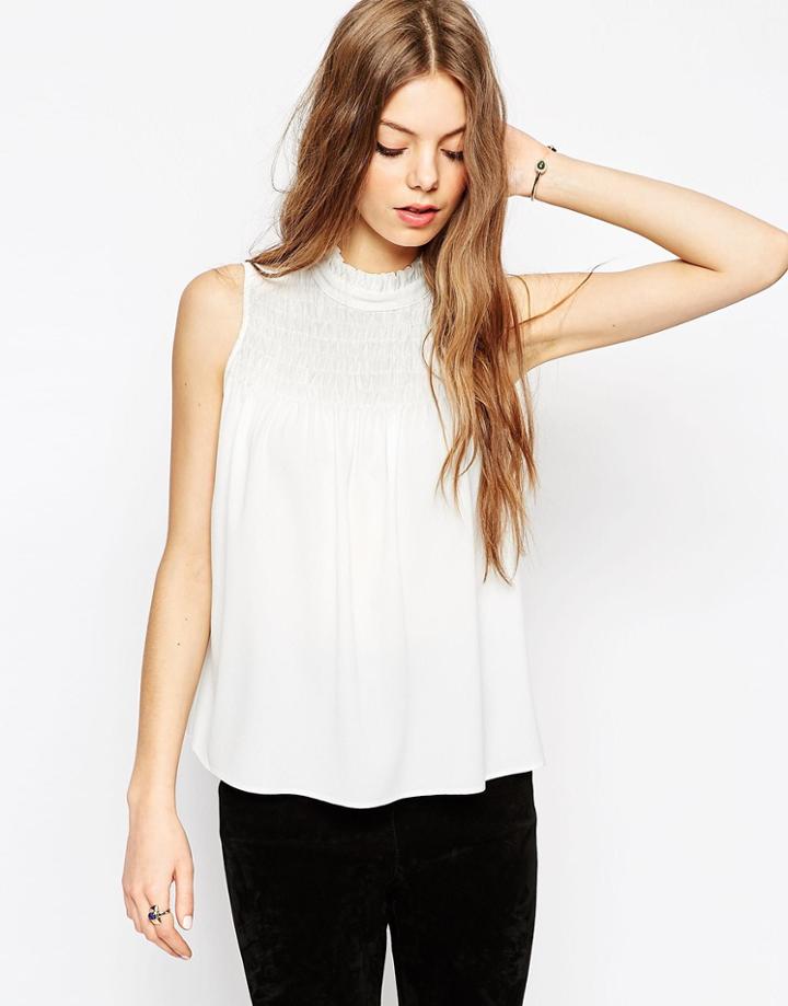 Asos Sleeveless Top With Smocking Detail - Ivory