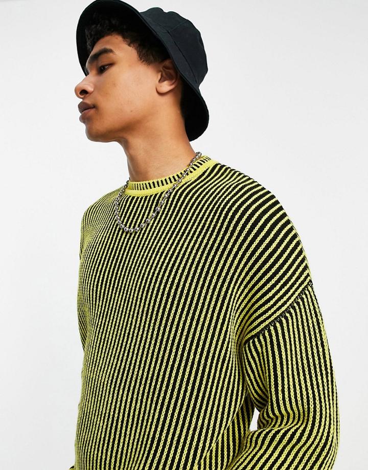 Asos Design Oversized Plated Rib Stripe Sweater In Yellow