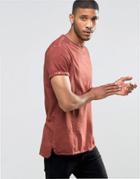 Asos Longline T-shirt With Roll Sleeve And Step Hem In Red Pigment Dye - Red
