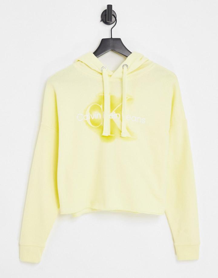 Calvin Klein Jeans Monogram Logo Raw Hem Cropped Hoodie In Lemon-yellow