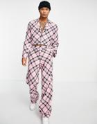 Asos Design Oversized Cropped Soft Tailored Suit Jacket With Bias Tartan Check In Pink