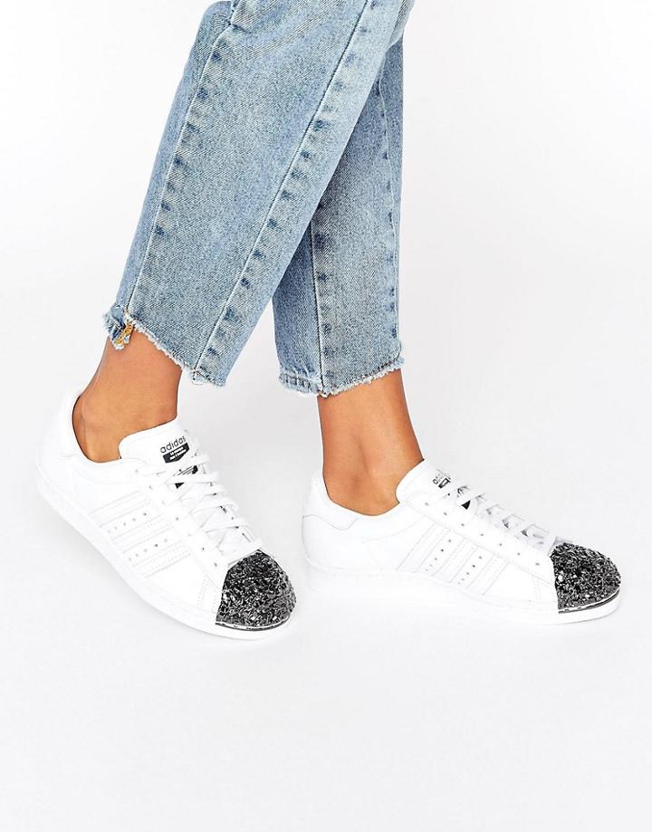 Adidas White Superstar Trainers With Silver Metal Toe Cap - White