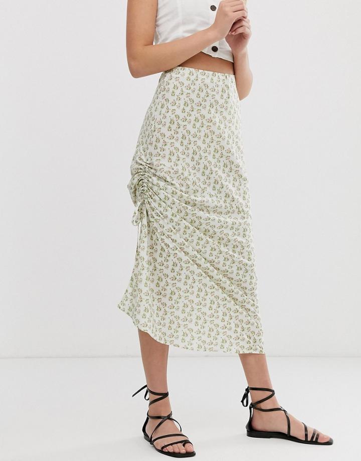 Asos Design Ruched Side Bias Midi Skirt In Ditsy Floral - Multi