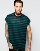 Asos Oversized Sleeveless Stripe T-shirt In Linen Look - Green