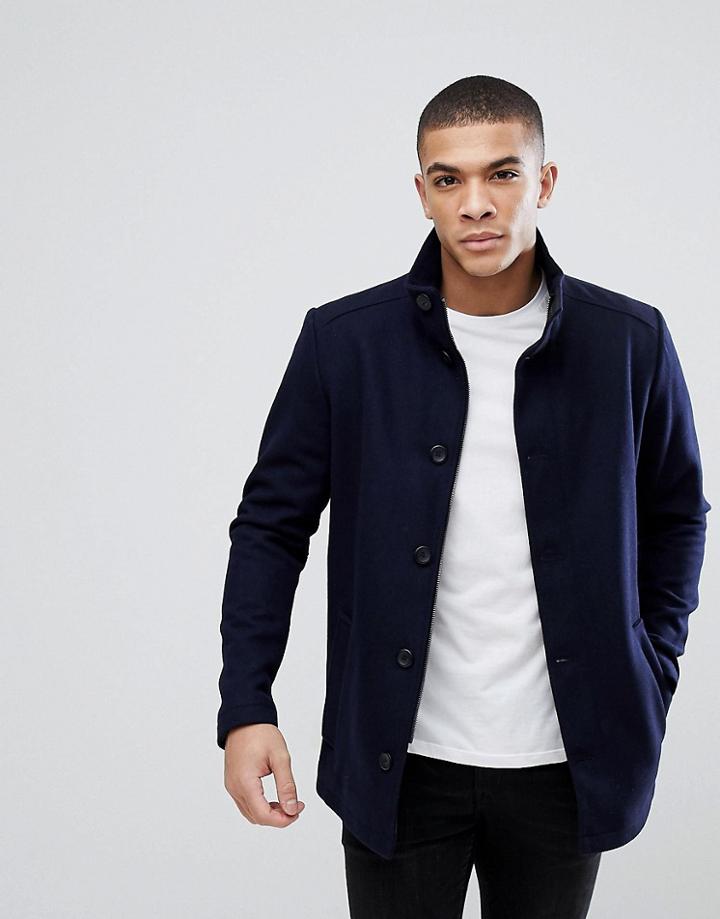 Jack & Jones Funnel Neck Wool Blend Jacket - Navy