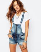 Noisy May Short Denim Overalls With Zip Front - Blue