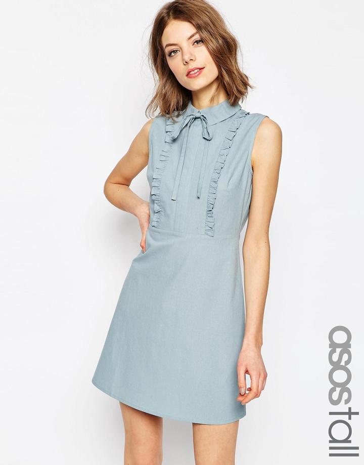 Asos Tall Frill Front Mini Shirt Dress - Blue