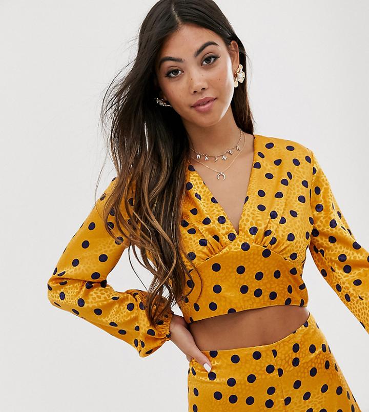 John Zack Petite Wrap Front Open Back Crop Top In Yellow Polka