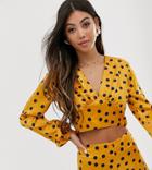 John Zack Petite Wrap Front Open Back Crop Top In Yellow Polka