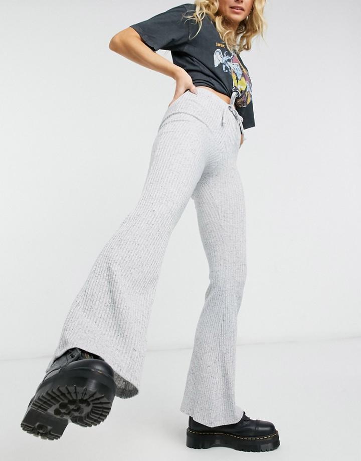 Topshop Tie Ribbed Flared Pants In Gray Heather-grey