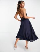 Asos Design Wrap Cami Lace Up Back Midi Dress-navy