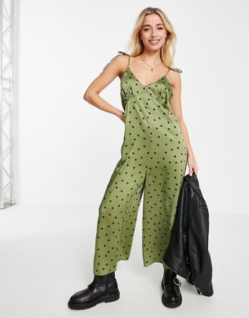 Asos Design 90s Satin Tie Shoulder Jumpsuit In Khaki Dot-multi