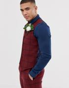 Asos Design Wedding Skinny Suit Vest In Burgundy Wool Mix Check-red