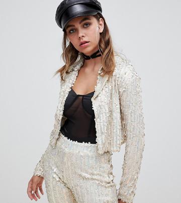One Above Another Crop Blazer In Sequin Two-piece - Silver