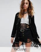 Sacred Hawk Premium Suede Jacket With Metal Rivets And Tassel Hem - Black