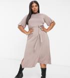 Yours Midi Dress With Tie Waist In Mocha-brown