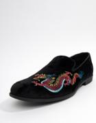 Boohooman Faux Velvet Loafers With Dragon Embroidery In Black - Black