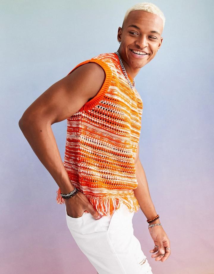 Asos Design Textured Shrunken Tank With Fringe Detailing-multi