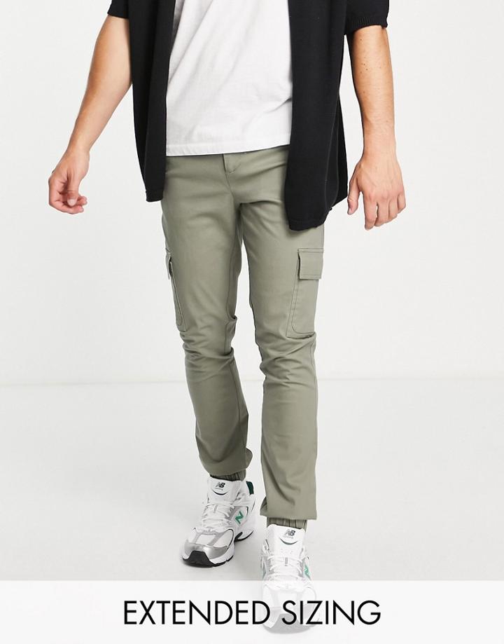 Asos Design Skinny Cargo Pants With Cuffed Hem In Light Khaki-green
