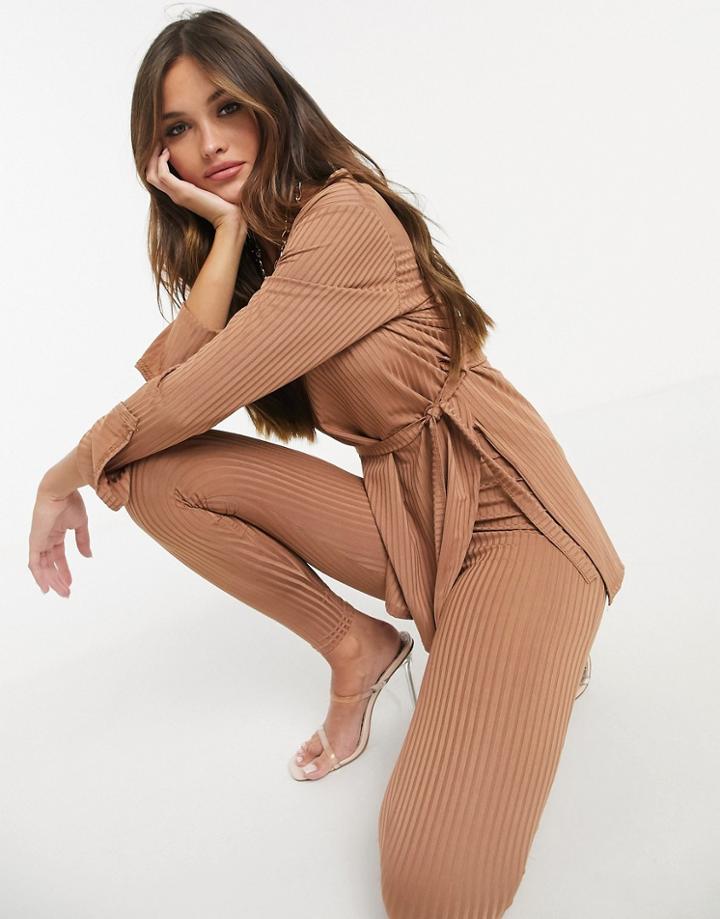 Femme Luxe Ribbed Plunge Front Top With Belt And Leggings Set In Camel-neutral