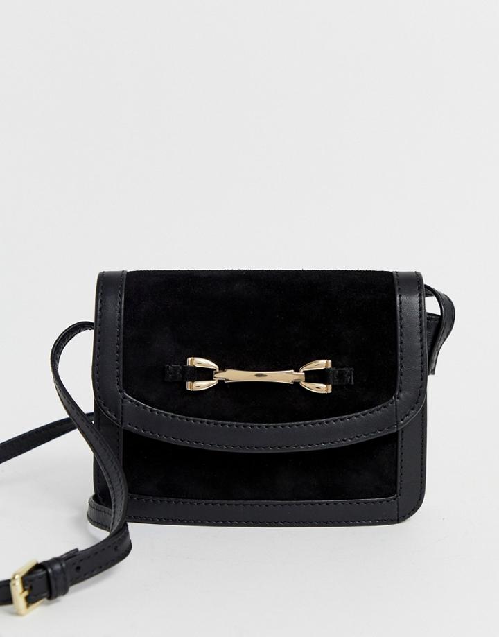 Asos Design Suede And Leather Mix Cross Body Bag With Snaffle - Black