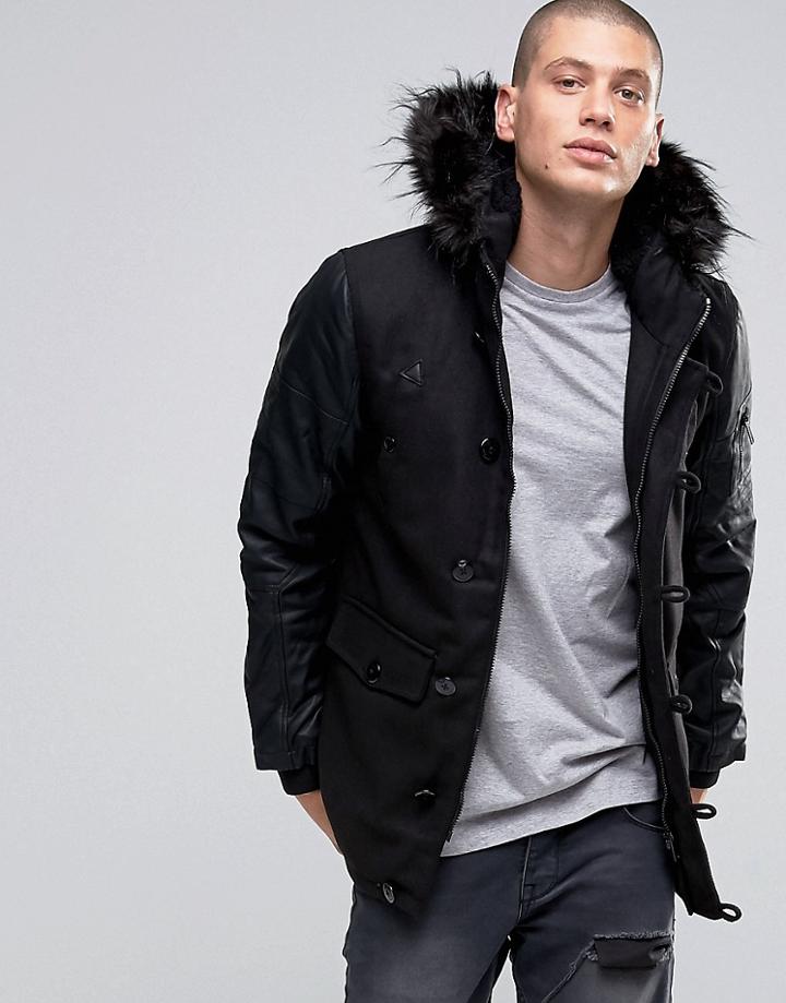 Brave Soul Faux Leather Arm Faux Fur Hooded Parka - Black