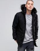 Brave Soul Faux Leather Arm Faux Fur Hooded Parka - Black