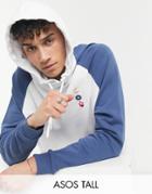 Asos Design Tall Oversized Raglan Hoodie In White With Washed Blue Sleeves & Chest Line Drawing