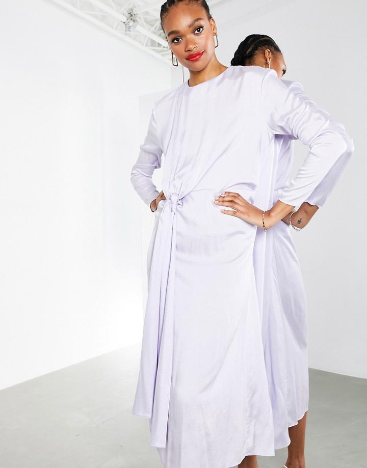 Asos Edition Drape Front Crinkle Satin Midi Dress In Washed Lilac-purple