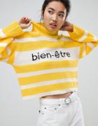 Neon Rose Roll Neck Sweater In Knitted Slogan Stripe - Yellow