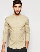 Asos Skinny Shirt In Stone With Grandad Collar And Long Sleeves - Stone