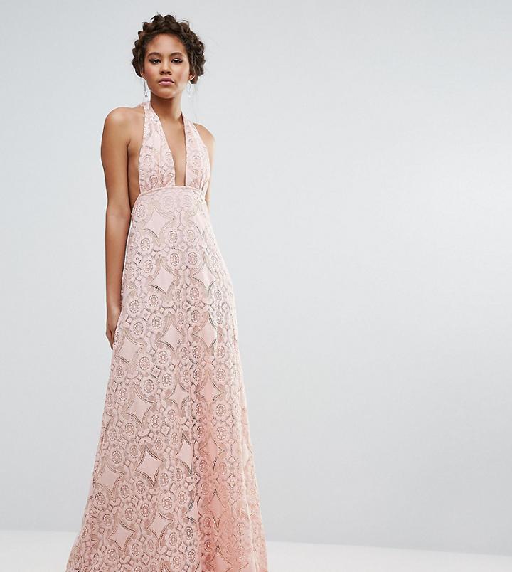 True Decadence Tall Cutwork Lace Halterneck Full Prom Maxi Dress - Pink