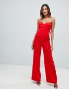 Asos Design Bandeau Sweetheart Jumpsuit With Button & Buckle Detail - Red