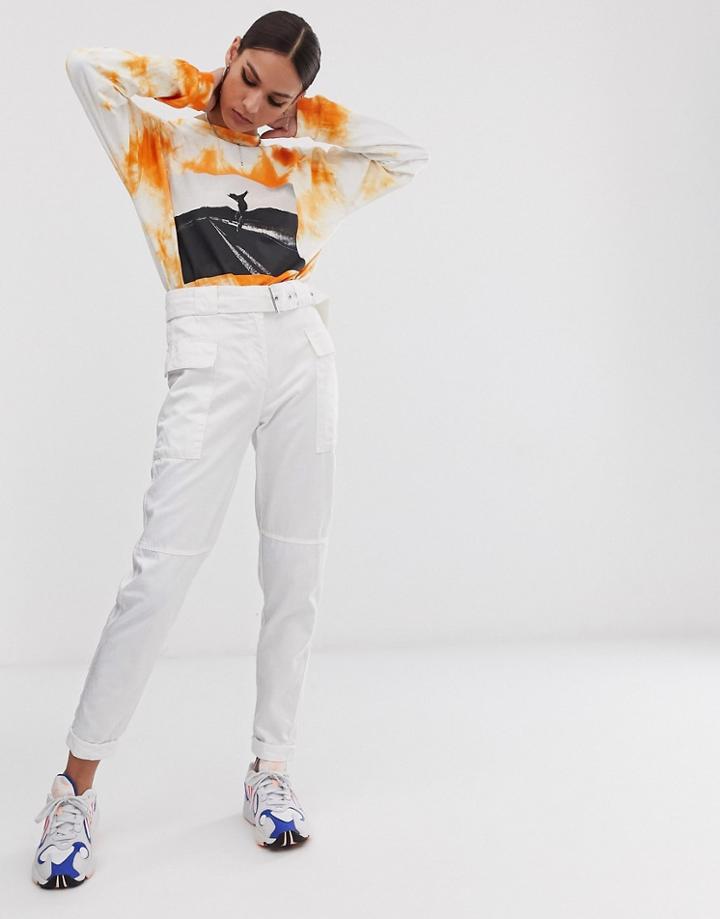 Bershka Belted Cargo Pants In Ecru - White