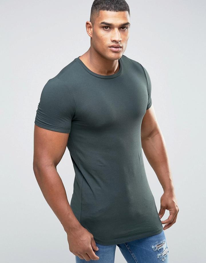 Asos Longline Muscle T-shirt With Curved Hem In Green - Green