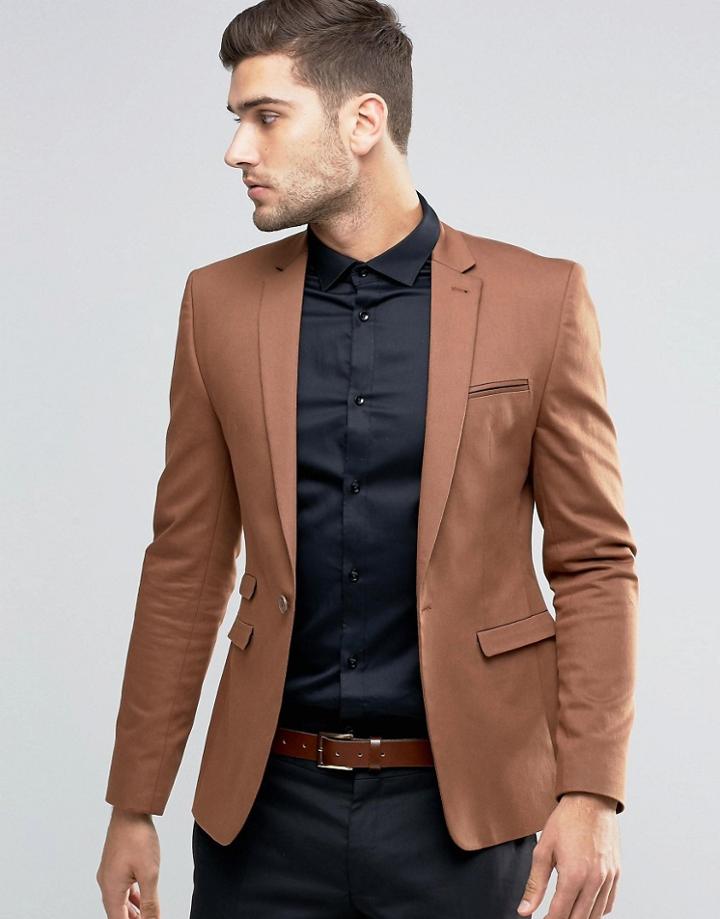 Asos Super Skinny Blazer In Tan Cotton - Tan