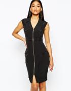 Lipsy Zip Pencil Dress With Shoulder Detail - Black