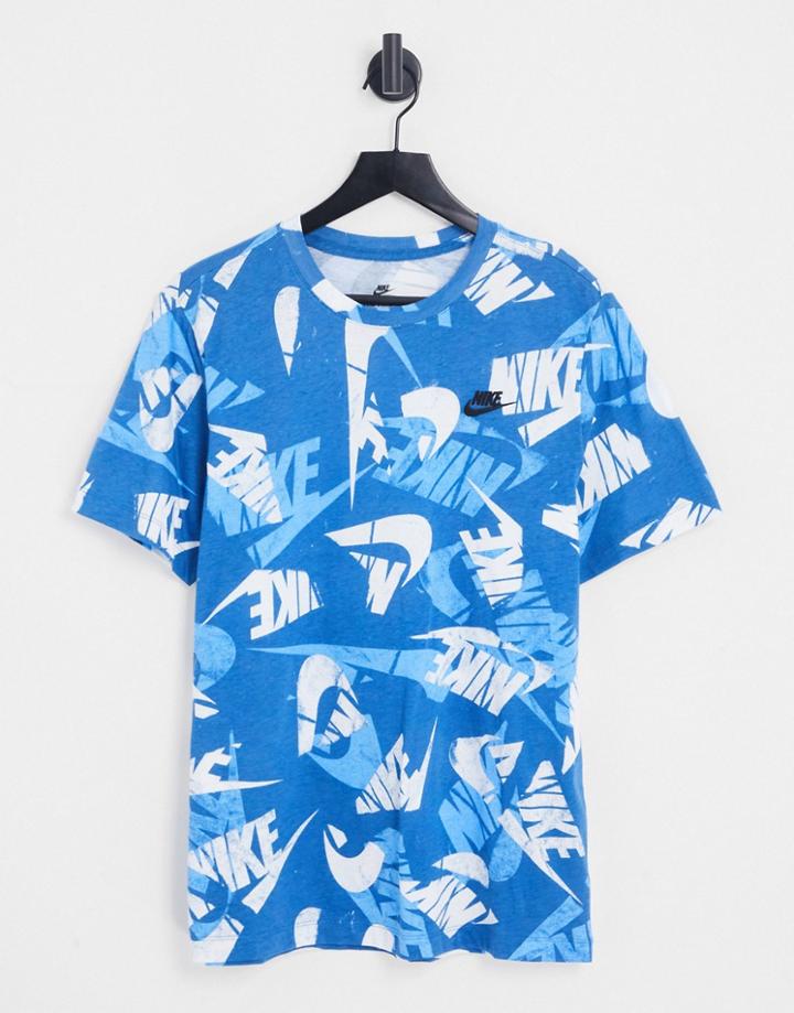Nike Club All Over Logo Print T-shirt In Blue