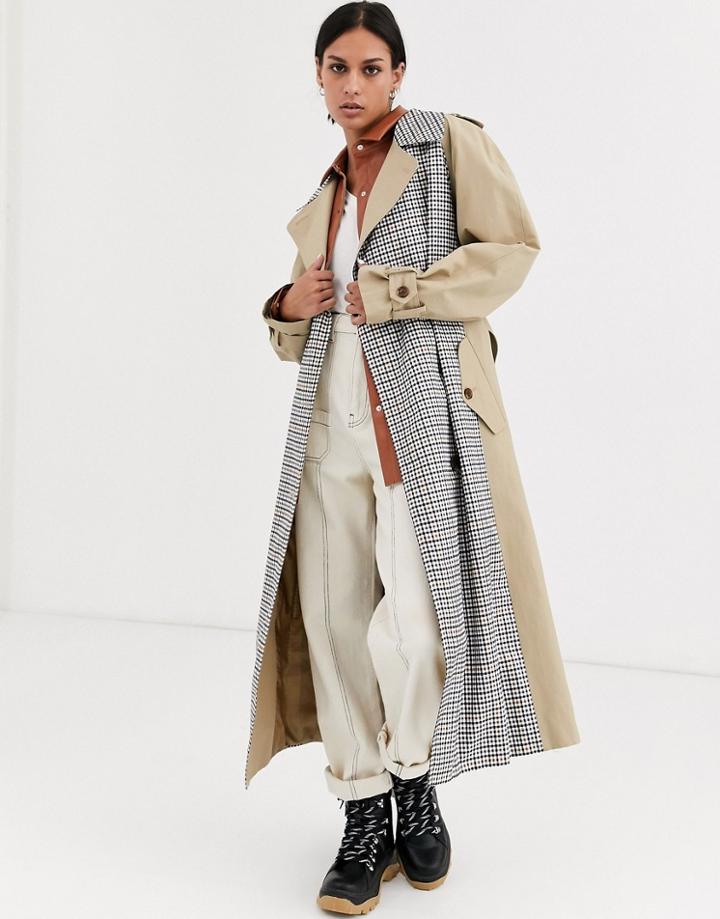 Asos Design Trench Coat With Check Splicing
